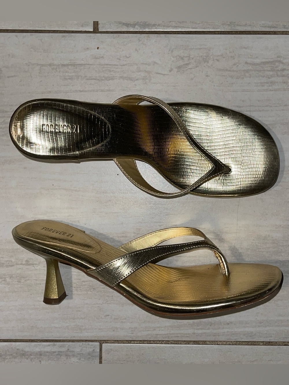 Forever 21 Metallic Gold Thong Heel Sandals